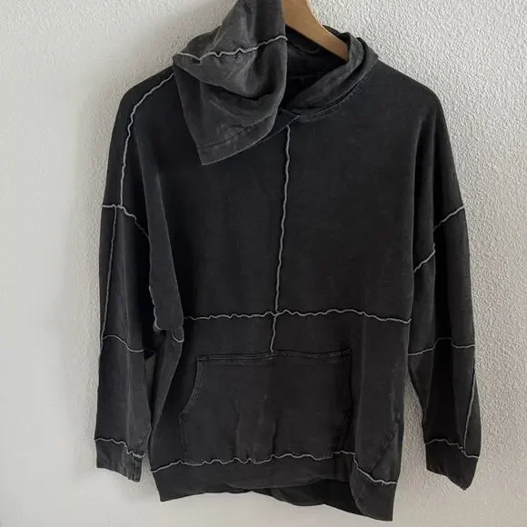 Wild Fable Charcoal Patchwork Hoodie Neutral Boho Medium - Picture 3 of 6